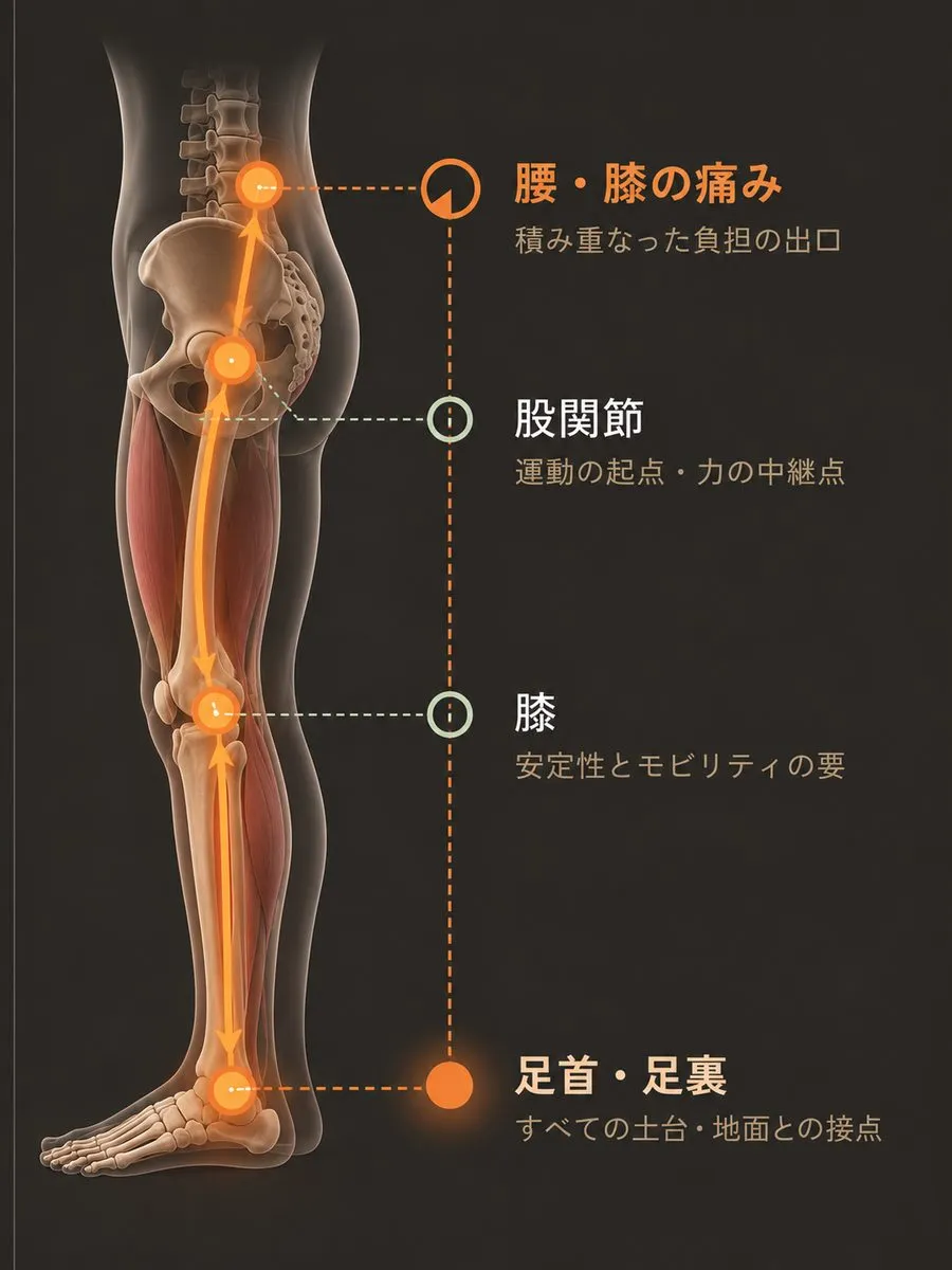 足首から腰まで、負担が伝わる運動連鎖の図解